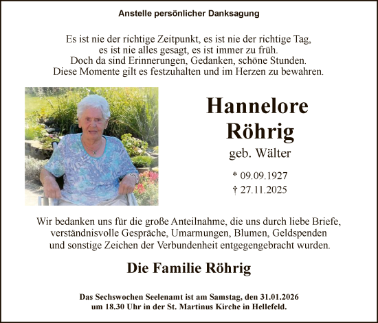 Traueranzeige von Hannelore Röhrig von HASK
