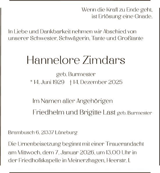 Traueranzeige von Hannelore Zimdars von HALN