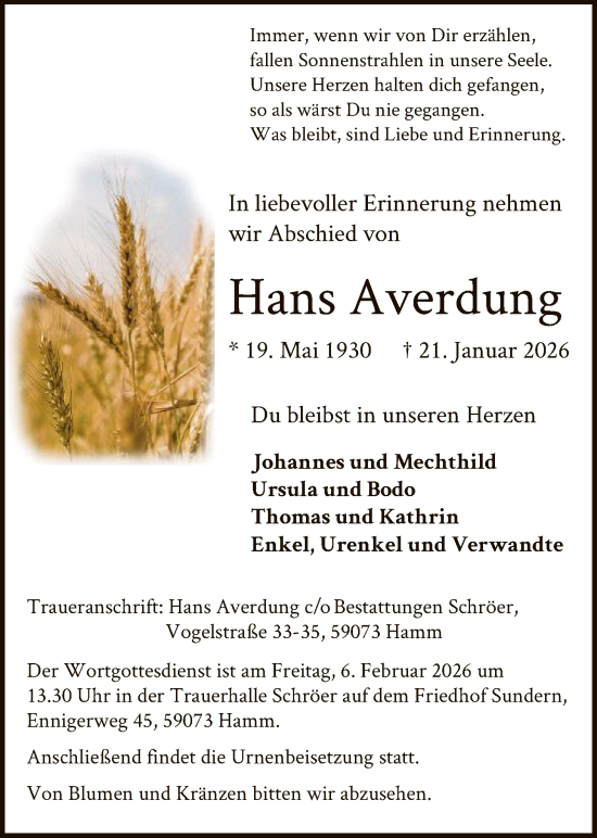 Traueranzeige von Hans Averdung von HAWA