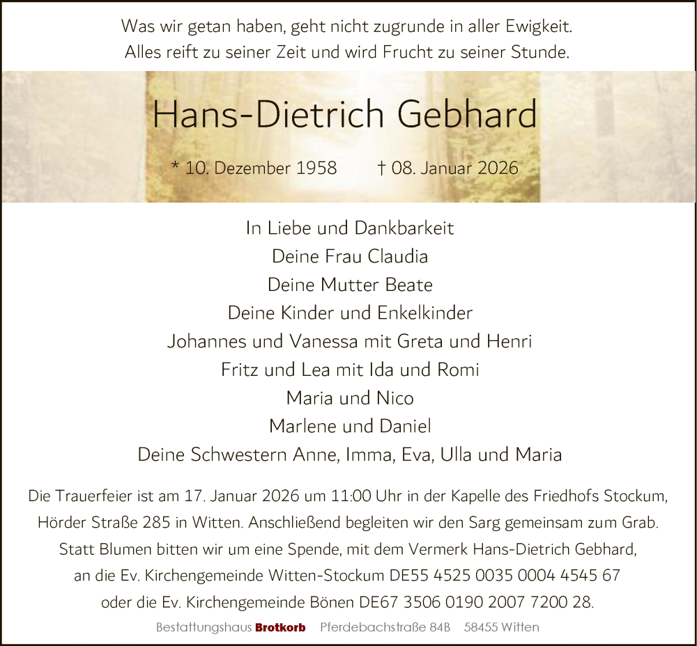  Traueranzeige für Hans-Dietrich Gebhard vom 14.01.2026 aus HAWA