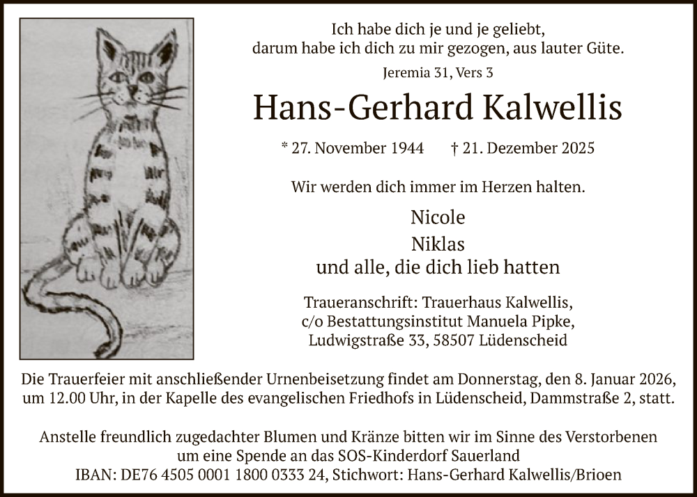  Traueranzeige für Hans-Gerhard Kalwellis vom 03.01.2026 aus HALN