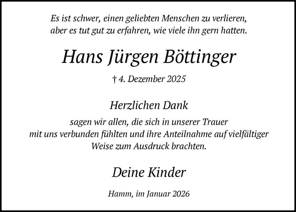  Traueranzeige für Hans Jürgen Böttinger vom 10.01.2026 aus HAWA