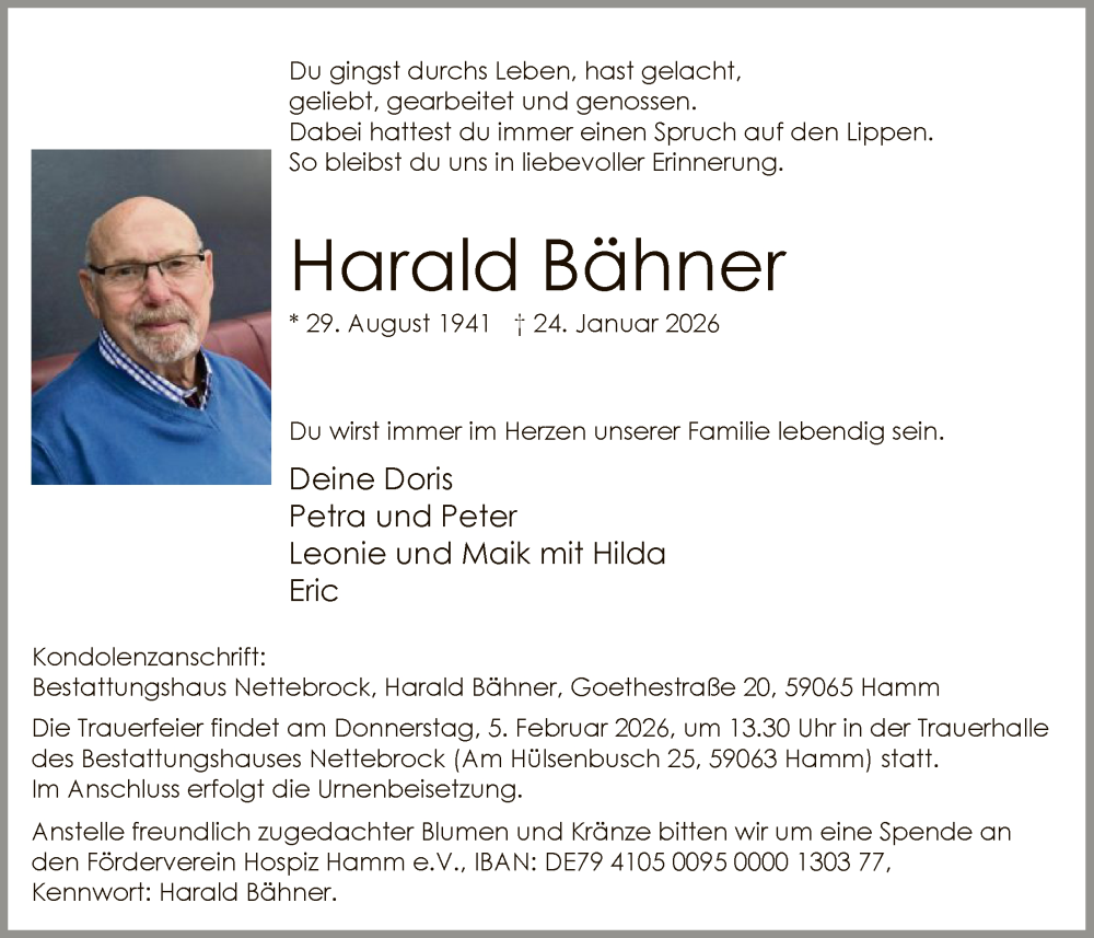  Traueranzeige für Harald Bähner vom 31.01.2026 aus HAWA