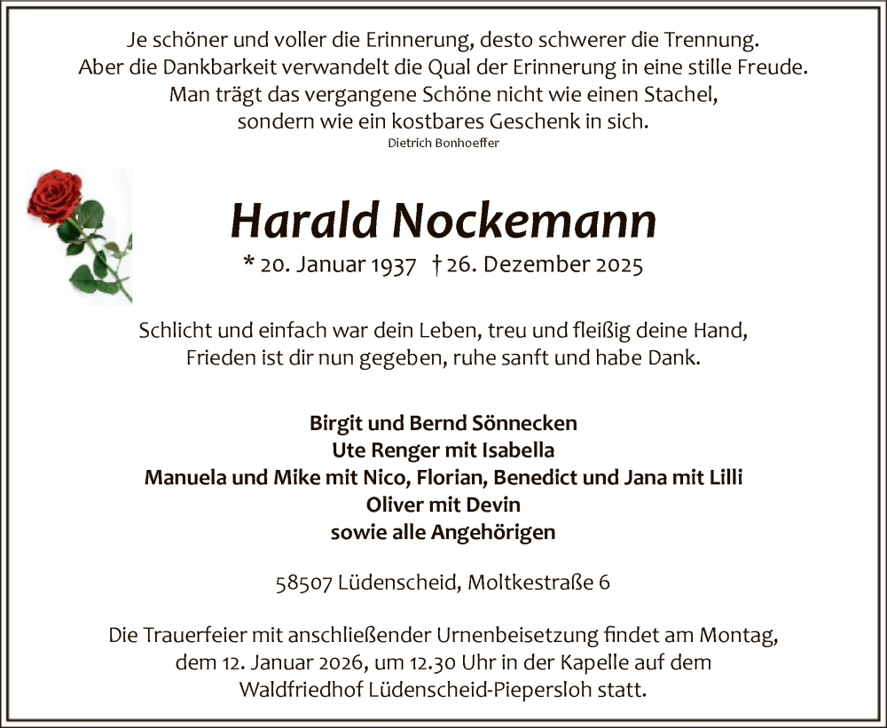  Traueranzeige für Harald Nockemann vom 07.01.2026 aus HALN