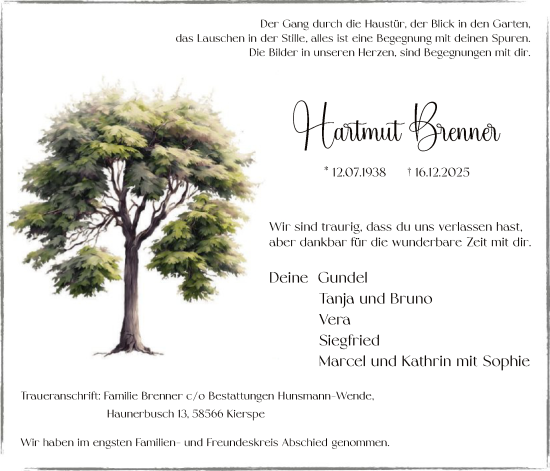 Traueranzeige von Hartmut Brenner von HALN