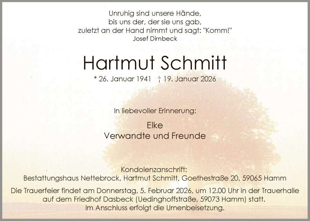 Traueranzeige für Hartmut Schmitt vom 31.01.2026 aus HAWA