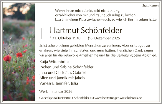Traueranzeige von Hartmut Schönfelder von HASO