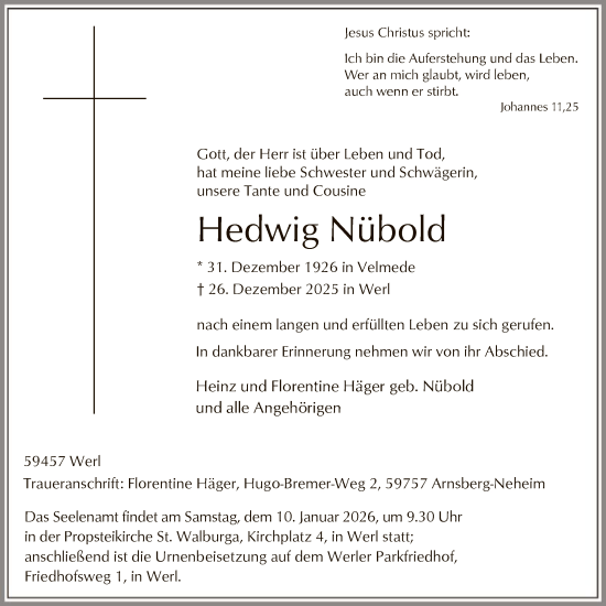 Traueranzeige von Hedwig Nübold von HASK