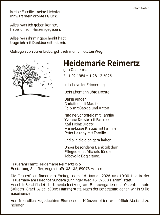 Traueranzeige von Heidemarie Reimertz von HAWA