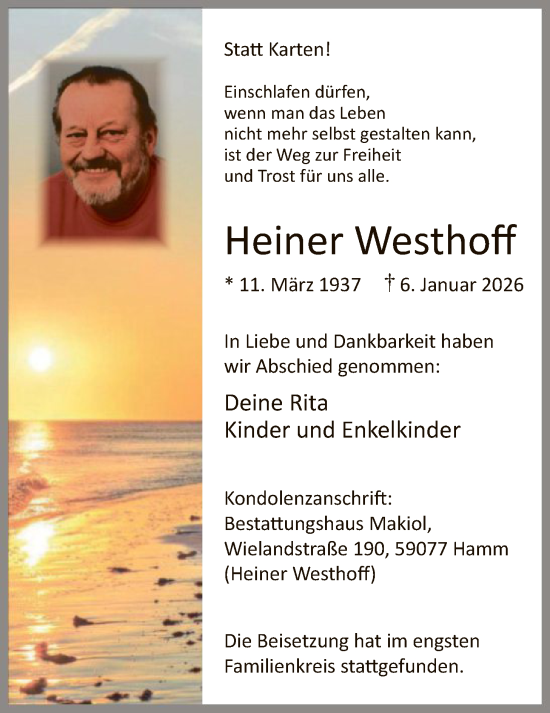 Traueranzeige von Heiner Westhoff von HAWA