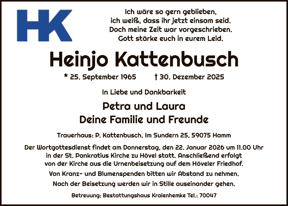  Traueranzeige für Heinjo Kattenbusch vom 17.01.2026 aus HAWA