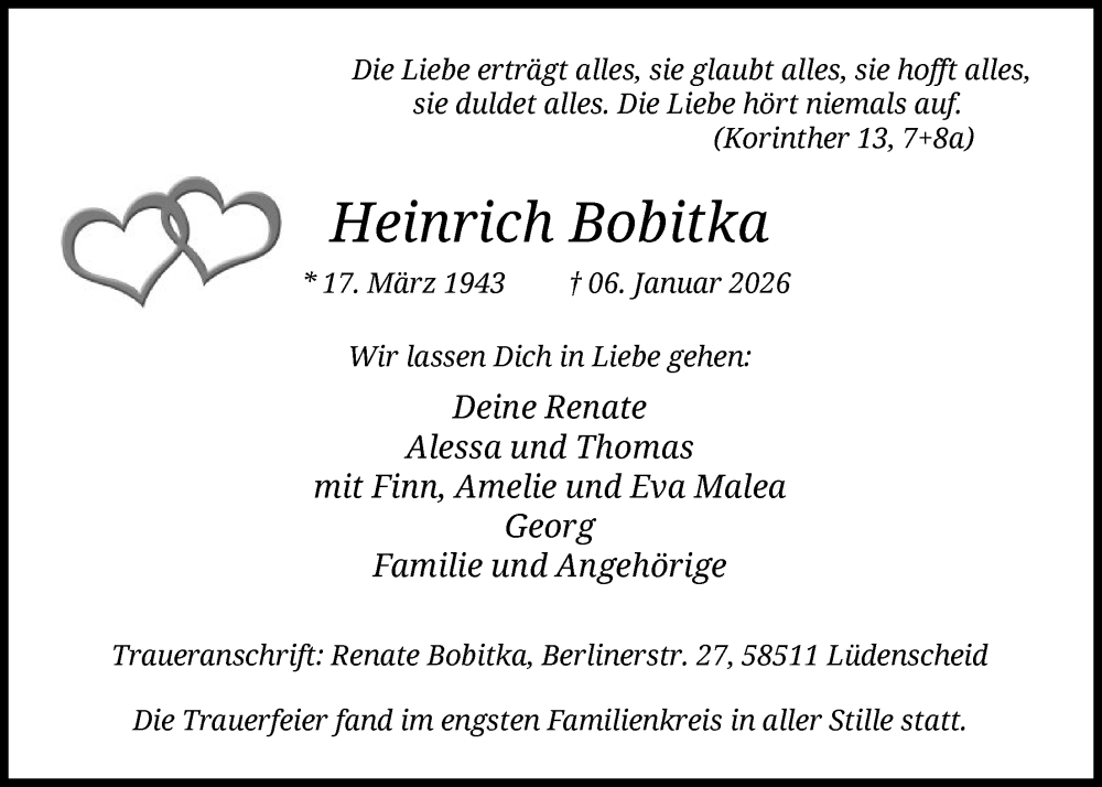  Traueranzeige für Heinrich Bobitka vom 17.01.2026 aus HALN