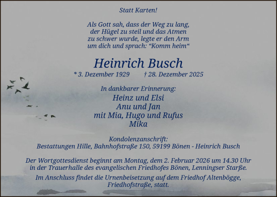 Traueranzeige von Heinrich Busch von HAWA