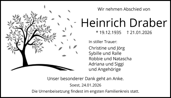 Traueranzeige von Heinrich Draber von HASO