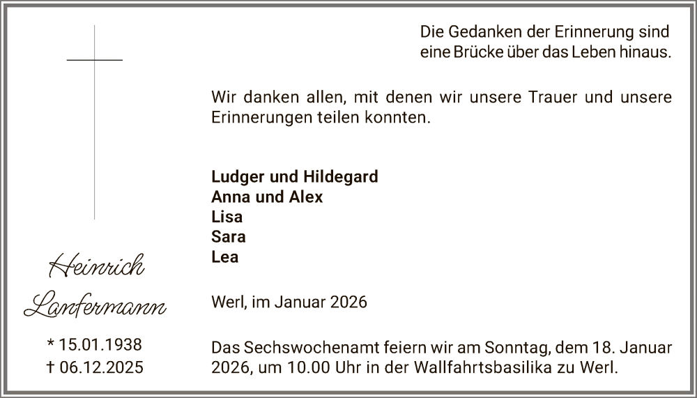  Traueranzeige für Heinrich Lanfermann vom 10.01.2026 aus HASO