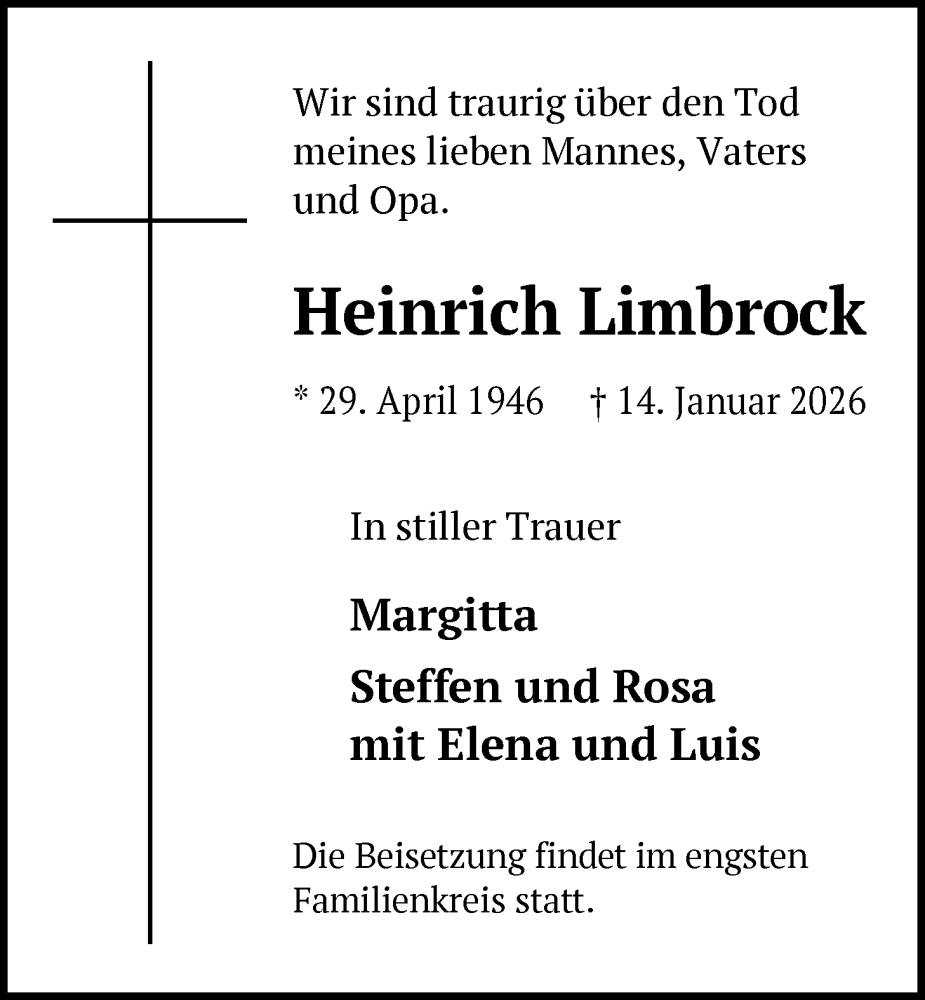  Traueranzeige für Heinrich Limbrock vom 24.01.2026 aus HAWA