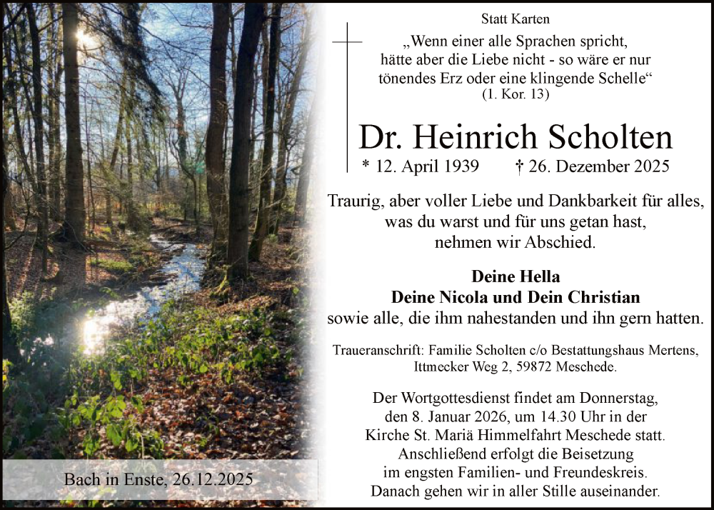  Traueranzeige für Heinrich Scholten vom 03.01.2026 aus HASK
