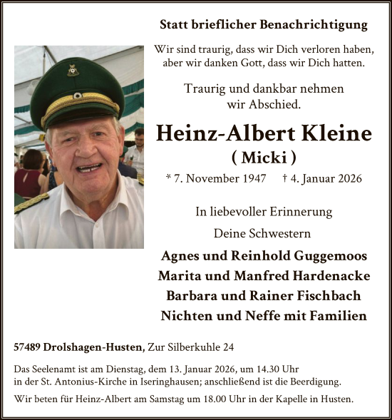 Traueranzeige von Heinz-Albert Kleine von HASK