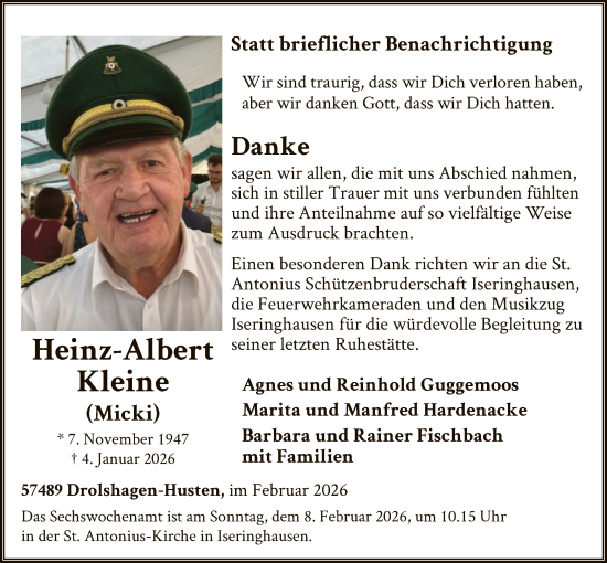 Traueranzeige von Heinz-Albert Kleine von HASK