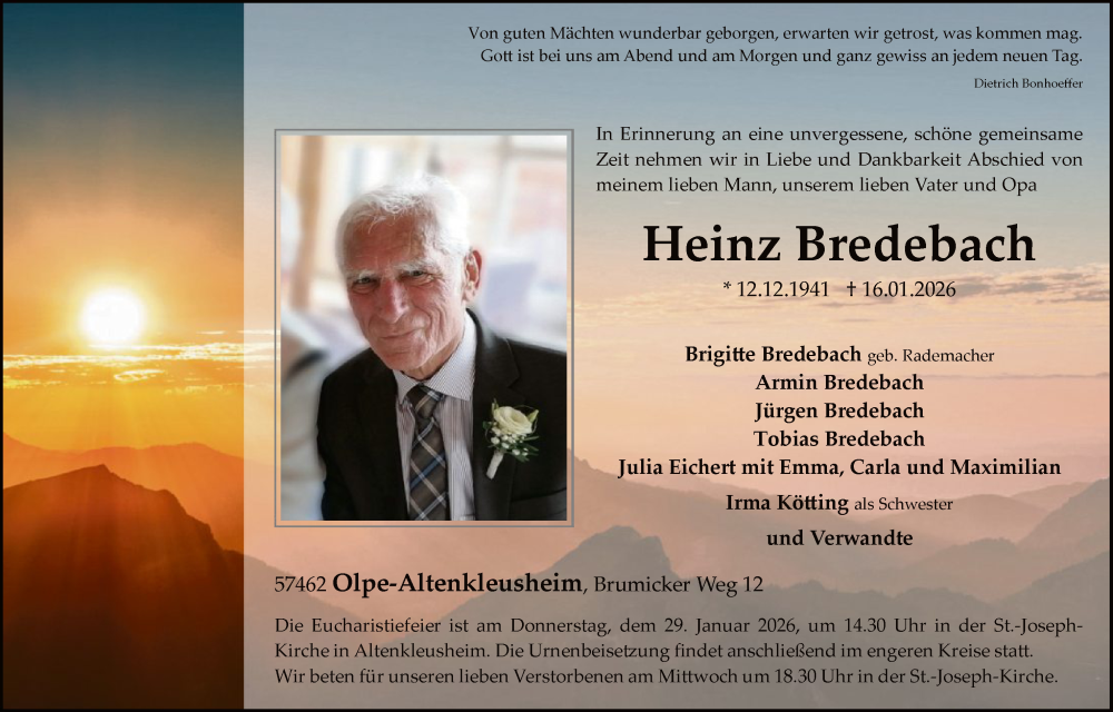  Traueranzeige für Heinz Bredebach vom 24.01.2026 aus HASK