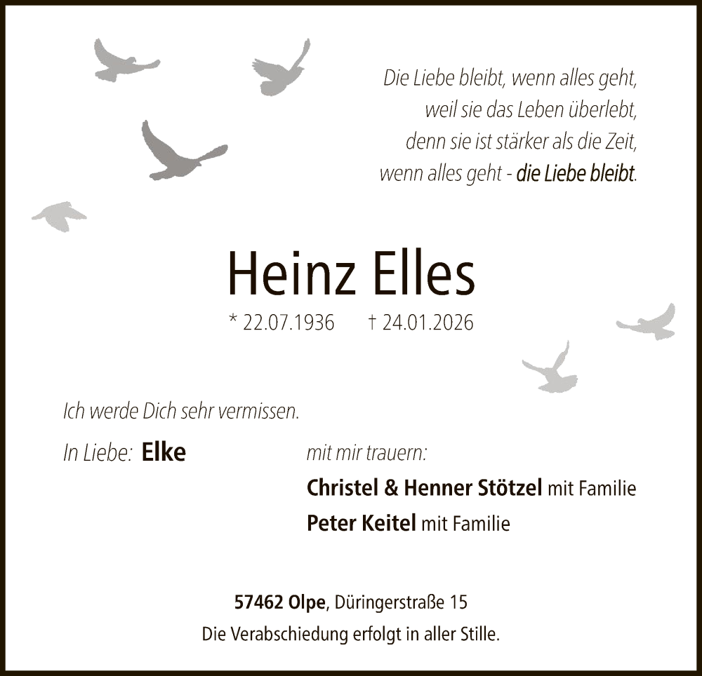  Traueranzeige für Heinz Elles vom 31.01.2026 aus HASK