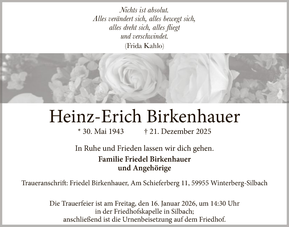  Traueranzeige für Heinz-Erich Birkenhauer vom 10.01.2026 aus HASK