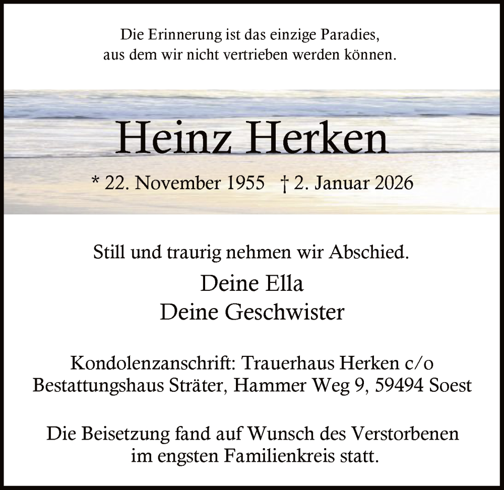  Traueranzeige für Heinz Herken vom 20.01.2026 aus HASO