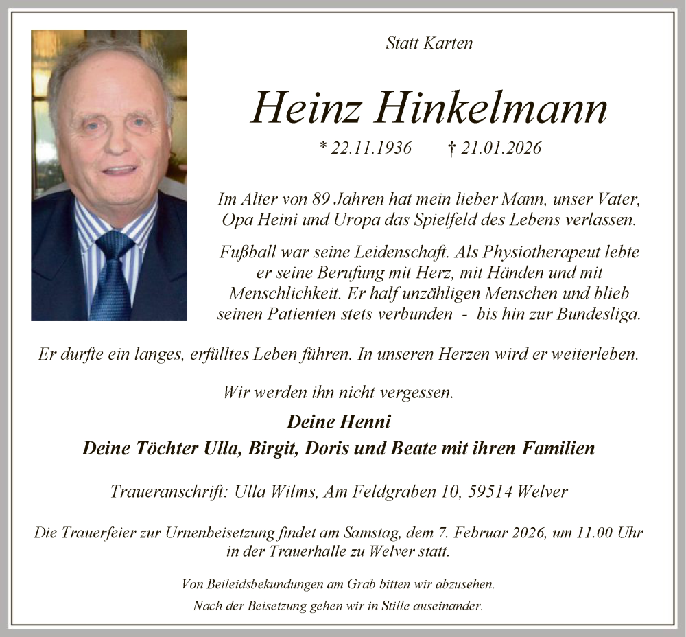  Traueranzeige für Heinz Hinkelmann vom 24.01.2026 aus HASO