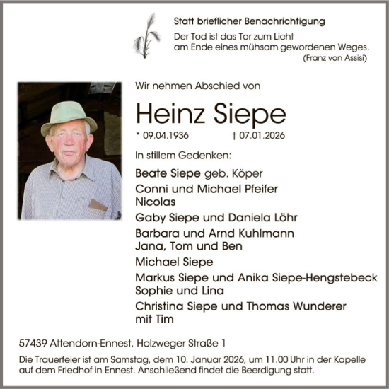 Traueranzeige von Heinz Siepe von HASK
