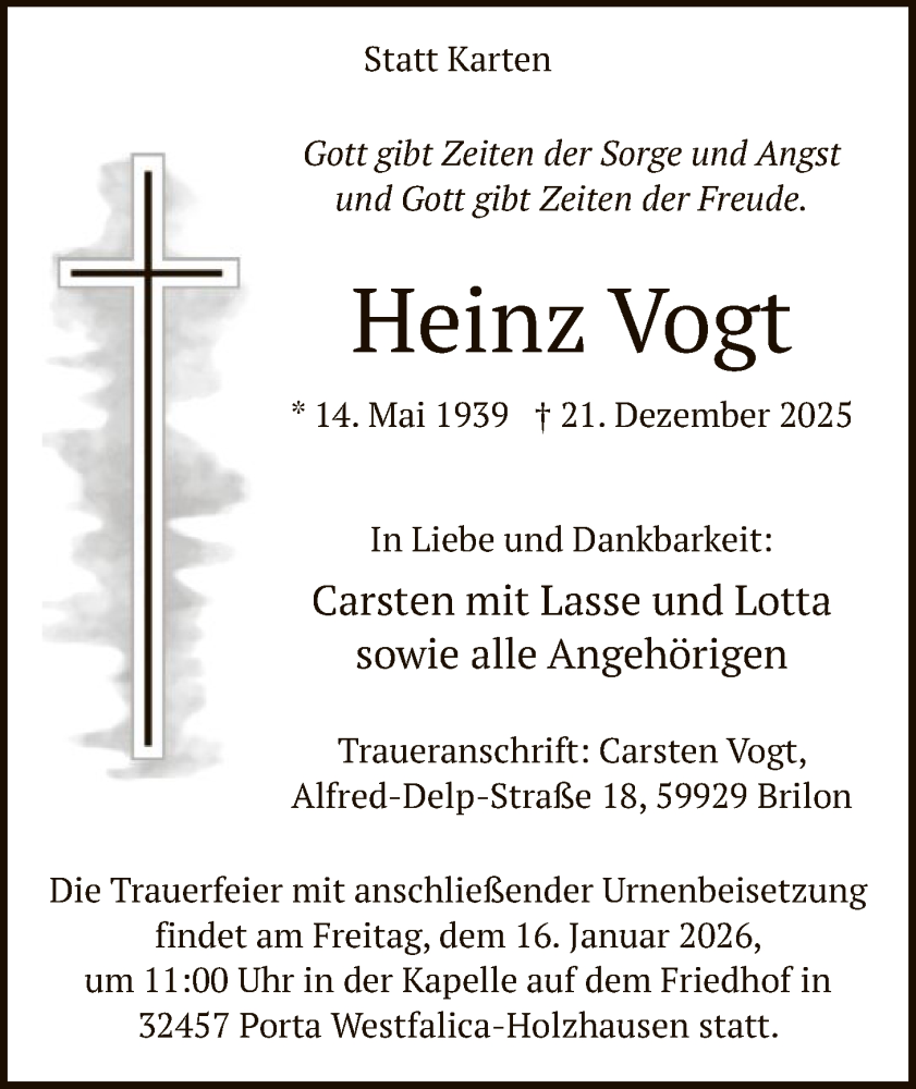  Traueranzeige für Heinz Vogt vom 10.01.2026 aus HASK