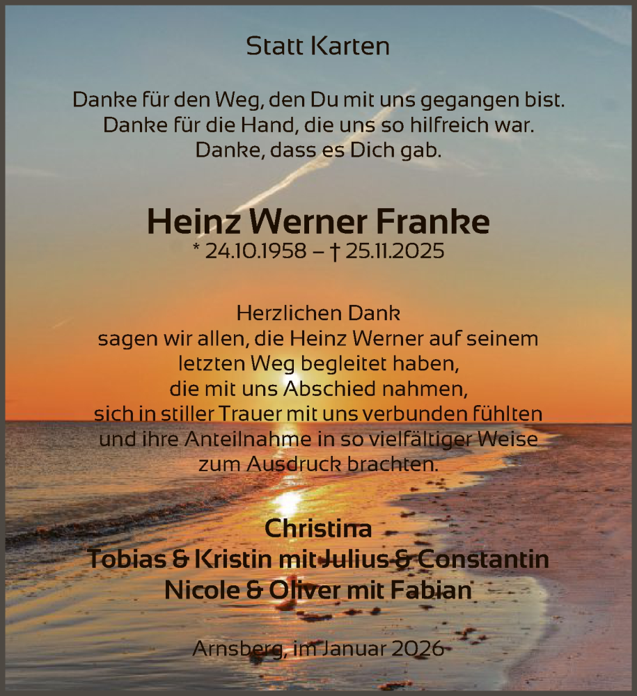  Traueranzeige für Heinz Werner Franke vom 17.01.2026 aus HASK