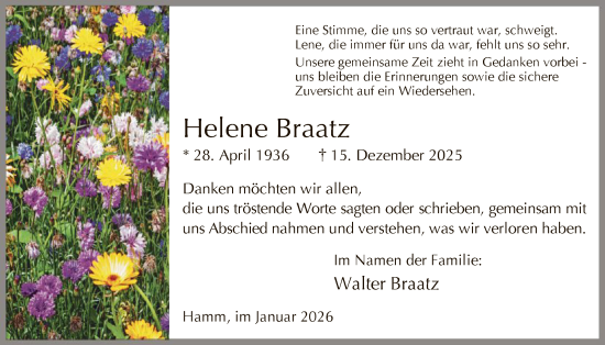 Traueranzeige von Helene Braatz von HAWA