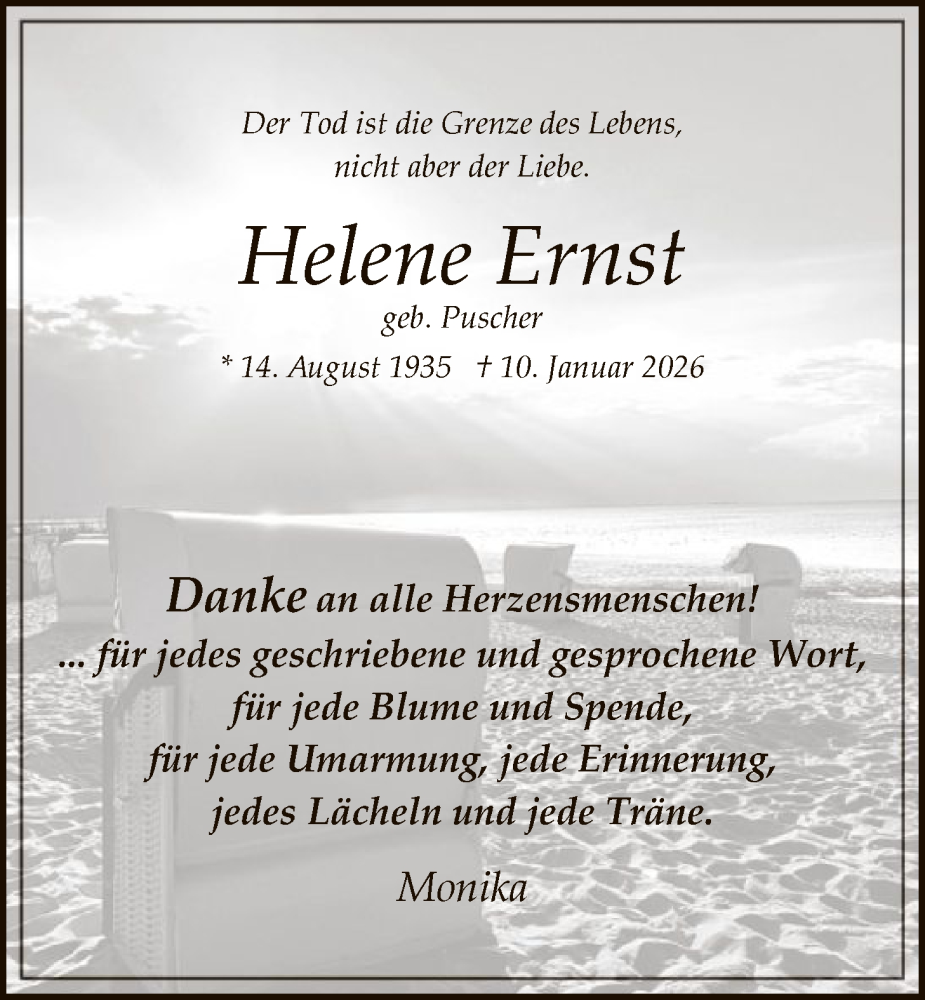  Traueranzeige für Helene Ernst vom 31.01.2026 aus HASO