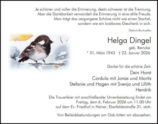 Traueranzeige von Helga Dingel von HALN