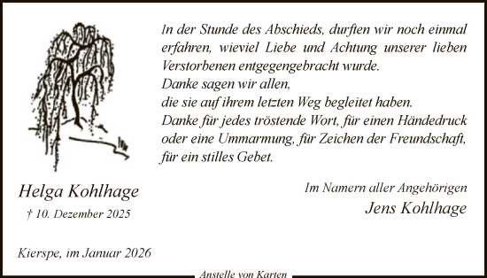 Traueranzeige von Helga Kohlhage von HALN