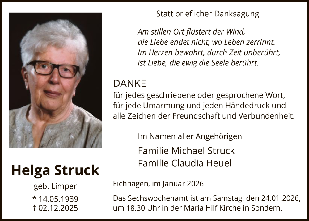  Traueranzeige für Helga Struck vom 17.01.2026 aus HASK