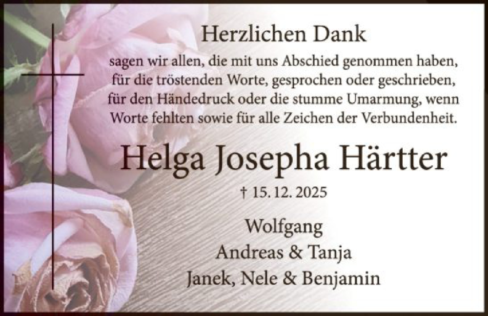  Traueranzeige für Helga Josepha Härtter vom 10.01.2026 aus HALN