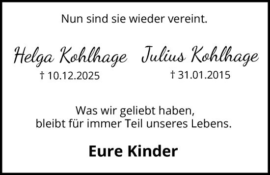 Traueranzeige von Helga und Julius Kohlhage von HALN