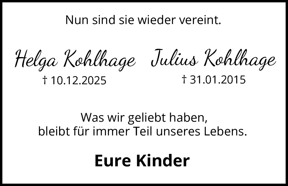  Traueranzeige für Helga und Julius Kohlhage vom 31.01.2026 aus HALN