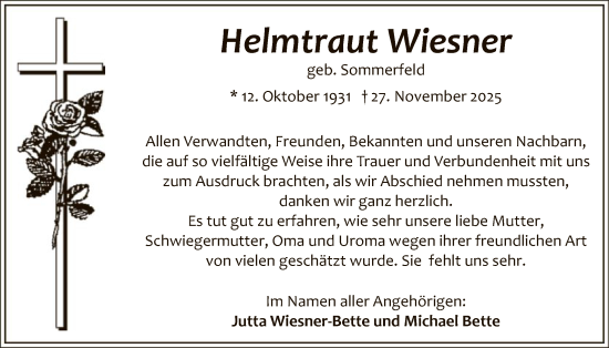 Traueranzeige von Helmtraut Wiesner von HALN