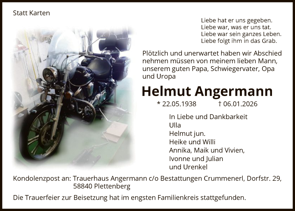  Traueranzeige für Helmut Angermann vom 17.01.2026 aus HALN