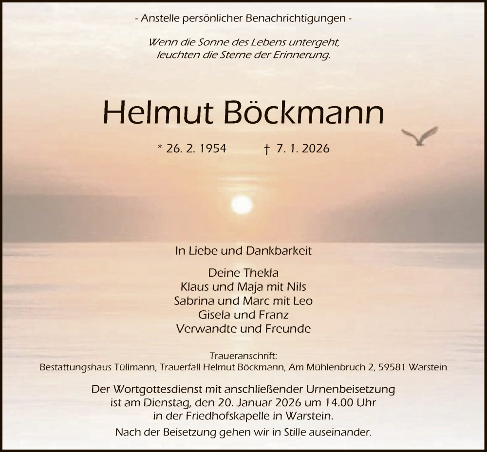  Traueranzeige für Helmut Böckmann vom 10.01.2026 aus HASO