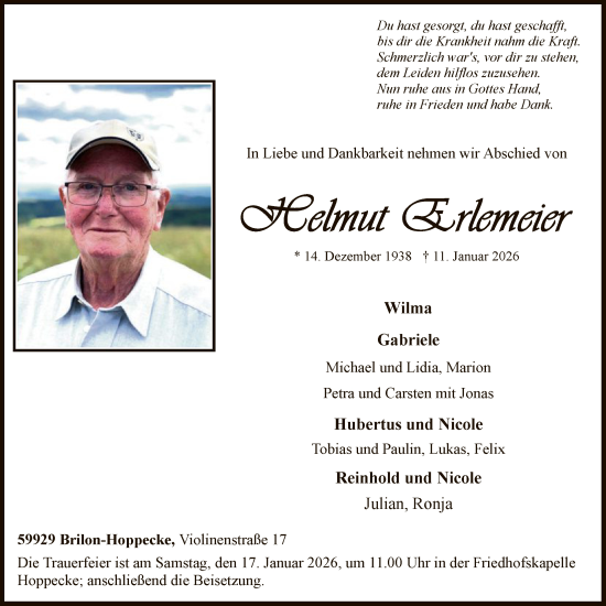 Traueranzeige von Helmut Erlemeier von HASK