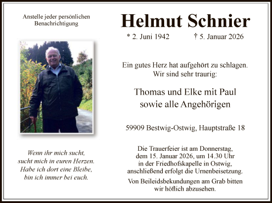 Traueranzeige von Helmut Schnier von HASK