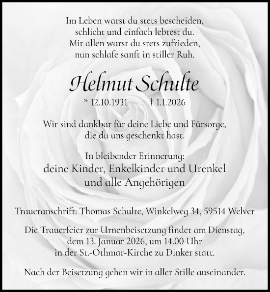 Traueranzeige von Helmut Schulte von HAWA
