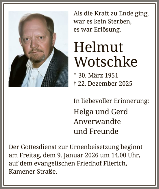 Traueranzeige von Helmut Wotschke von HAWA