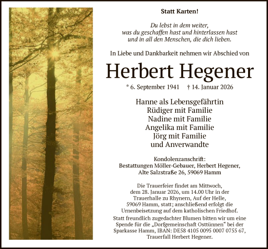 Traueranzeige von Herbert Hegener von HAWA