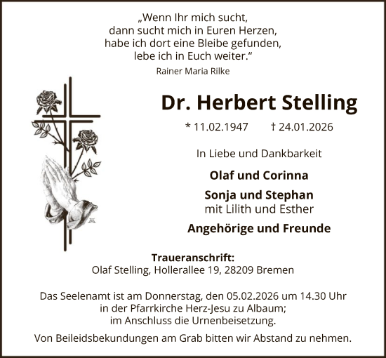 Traueranzeige von Herbert Stelling von HASK