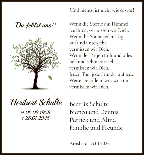 Traueranzeige von Heribert Schulte von HASK