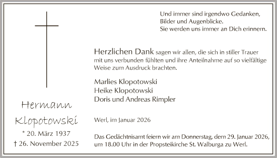 Traueranzeige von Hermann Klopotowski von HASO